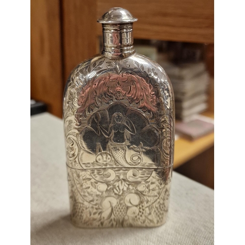 52 - Silver Sterling Exeter Antique 1869 Josiah & James Williams Mermaid Detail Sailor's Drinks Flask 12.... 