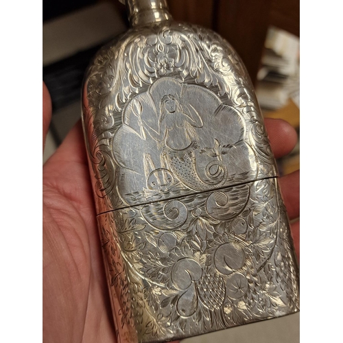 52 - Silver Sterling Exeter Antique 1869 Josiah & James Williams Mermaid Detail Sailor's Drinks Flask 12.... 