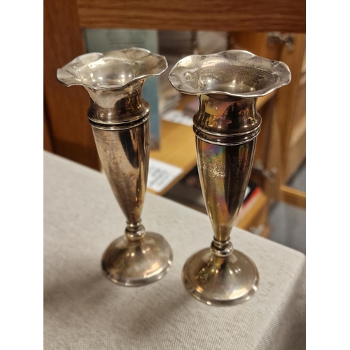 55 - Silver Sterling Pair of Hallmarked Chester 1920 Charles Cooke Fluted Vases - 13cm high & 71.7g