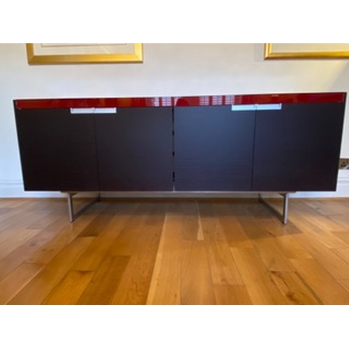 68f - Vintage Designer Sideboard w/Italian provenance and solid red glass top and a part steel base framew... 