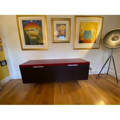 68f - Vintage Designer Sideboard w/Italian provenance and solid red glass top and a part steel base framew... 