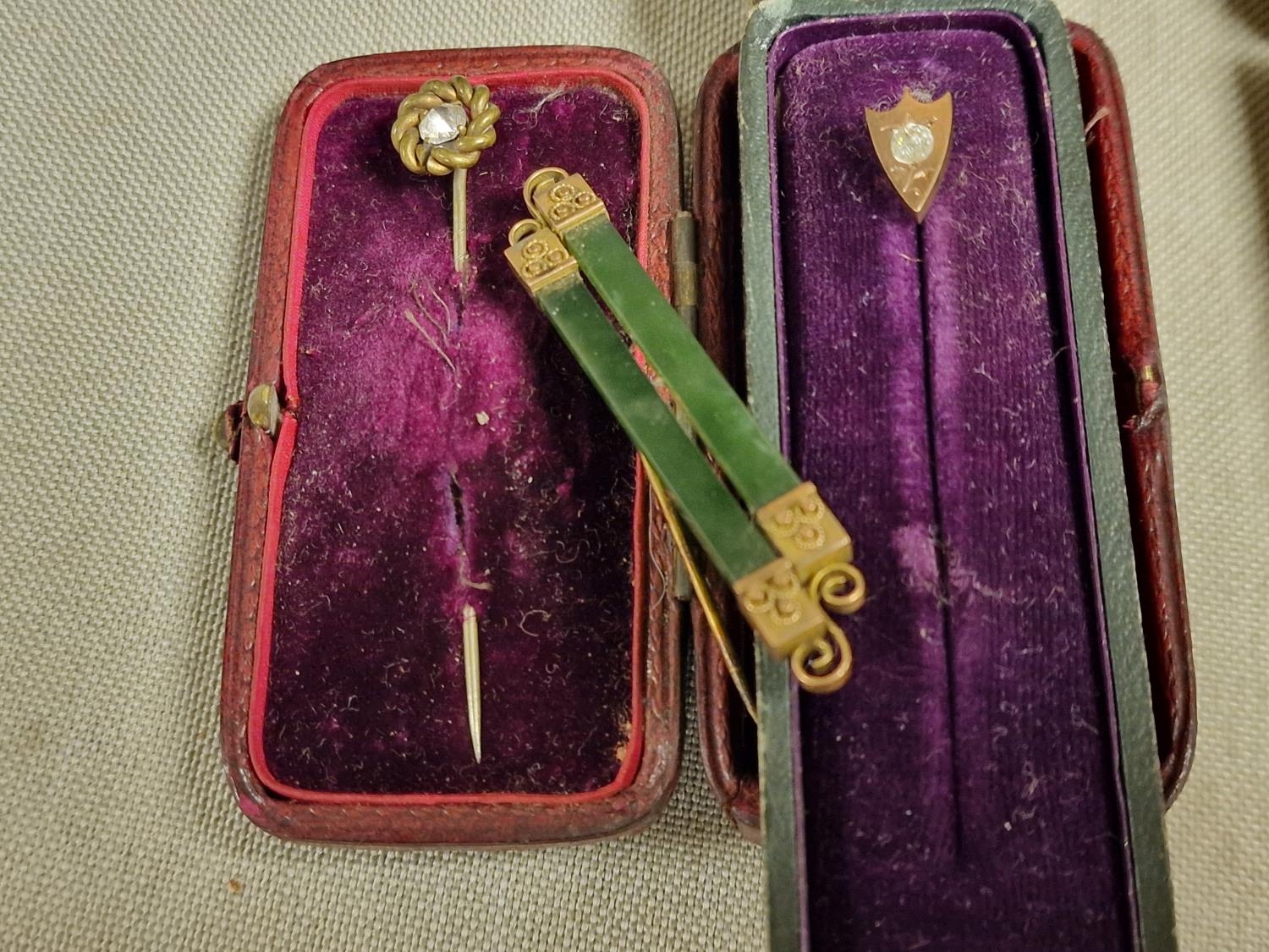 Trio of Antique Gold Coloured Pin Brooches - one marked 9ct