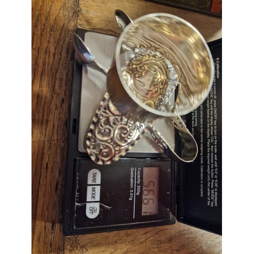 59o - Various Hallmarked Silver Pieces (56.6g) + a Decorative Hip Flask and a Vintage Lead Figure of a Sta... 