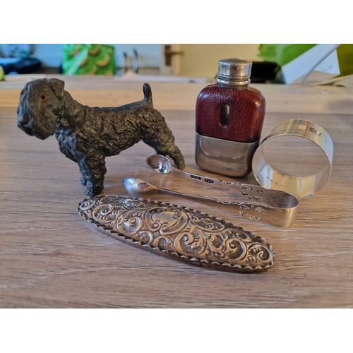 59o - Various Hallmarked Silver Pieces (56.6g) + a Decorative Hip Flask and a Vintage Lead Figure of a Sta... 