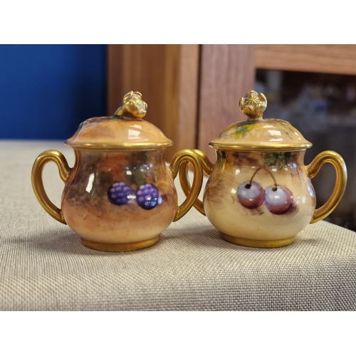 45a - Royal Worcester Pair of Signed Fruits Miniature Lidded Jars