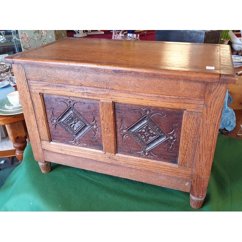 10 - Antique Oak Small Coffer or Blanket Box w/carved panels to front