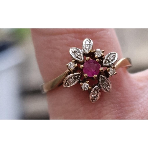 107 - 9ct Gold, Ruby & Diamond Dress Ring + a 9ct Gold & Ruby Pin Brooch - 3.55g combined, ring size O+0.5