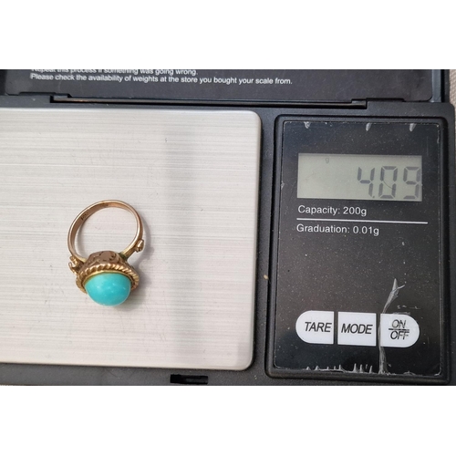 108 - 9ct Gold & Turquoise Antique Dress Ring - 4.1g & size J+0.5