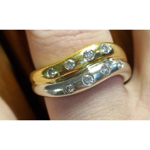 125 - 18ct White Gold, Diamond & Yellow Gold Curved Designer Half Eternity Ring - 6.3g & size Q