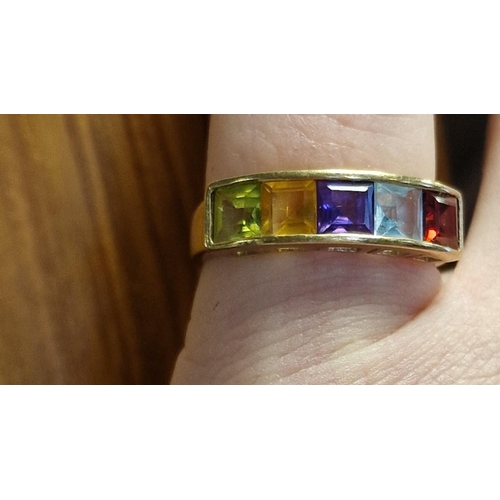 129 - 9ct Gold & Multi-Stone (Ameythst, Peridot, Citrine etc) Half Eternity Ring - 2.35g & size N