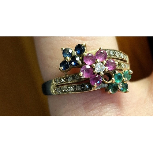 130 - 9ct Gold, Diamond, Sapphire, Emerald & Ruby (missing one stone) Dress Ring - 3g & size N+0.5