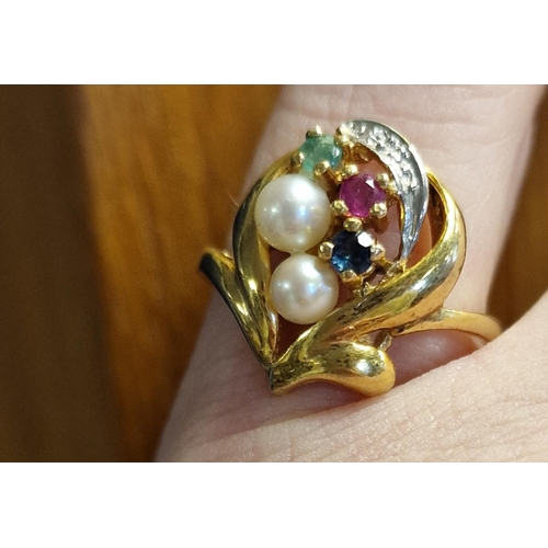 131 - 9ct Gold, Diamond, Pearl, Sapphire, Emerald & Ruby Dress Ring - 3.15g & size N+0.5