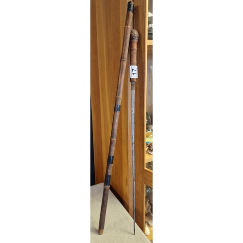 17 - Antique French Swordstick + a Walking Cane, both with Acorn detail to the tops - swordstick measures... 