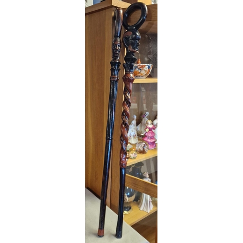 21 - Ebony African Hardwood Pair of Carved Walking Canes/Shepherd's Crooks - 93cm long