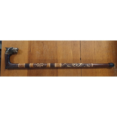 19b - Heavily Carved Horse Topped Walking Cane