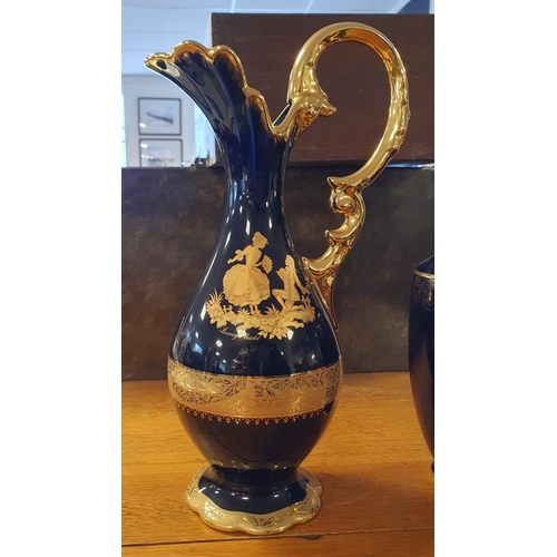 60f - Limoges Castell Gold & Cobalt Blue (22ct Gold Plate) Large Jug (36cm) and Vase (27cm)