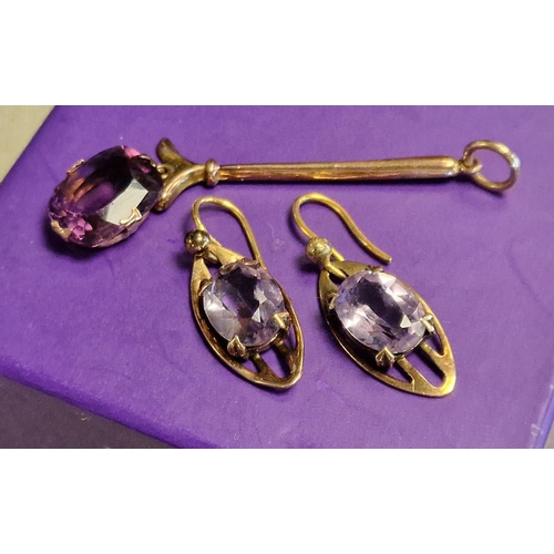 106 - 9ct Gold & Amethyst Earrings & Pendant Trio - 3.5g combined