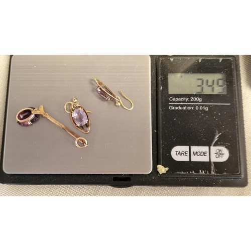 106 - 9ct Gold & Amethyst Earrings & Pendant Trio - 3.5g combined