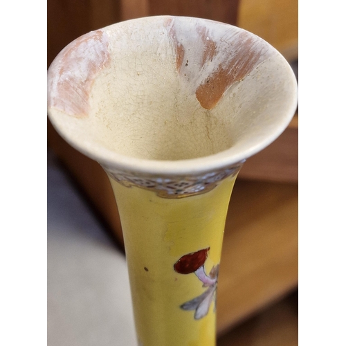 13 - Chinese Antique Ground Canary Yellow Pencil Vase w/avian & Sparrow detail to the body and character ... 
