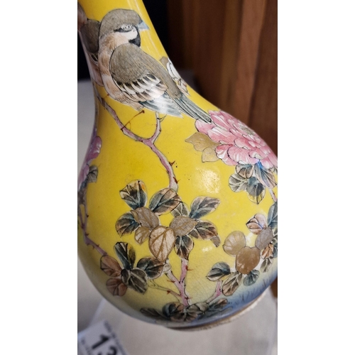 13 - Chinese Antique Ground Canary Yellow Pencil Vase w/avian & Sparrow detail to the body and character ... 