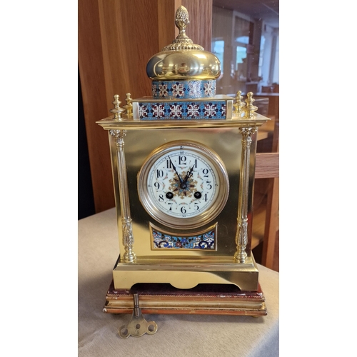 16 - Antique French Japy Freres Brass and Enamel Mantel Clock - 16 inches high inc base