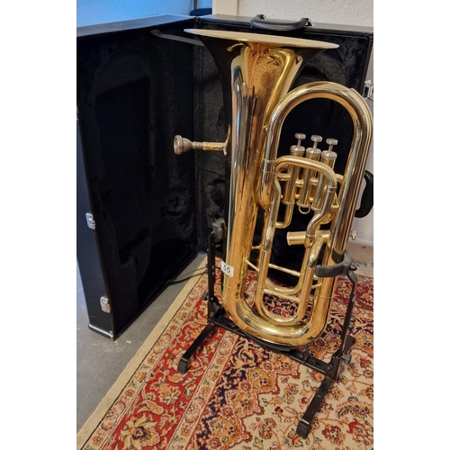 55 - Euphonium 4-Valve Musical Instrument by Gear4Music + As-New Case, inc lovely stand - 67cm high