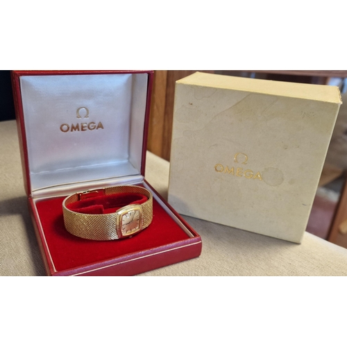 81 - Omega 9ct Gold Ladies Watch - boxed and in VGC, total weight 70.8g - band length 18cm