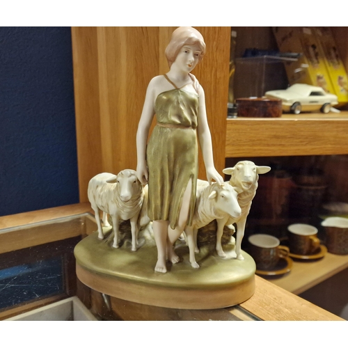 19a - Royal Dux Porcelain Lady & Lambs/Sheep Figure - 22cm high