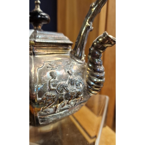 17 - Antique White Metal Kettle, w/relief detail to the body of Hunting scenes, possibly oriental - 19cm ... 