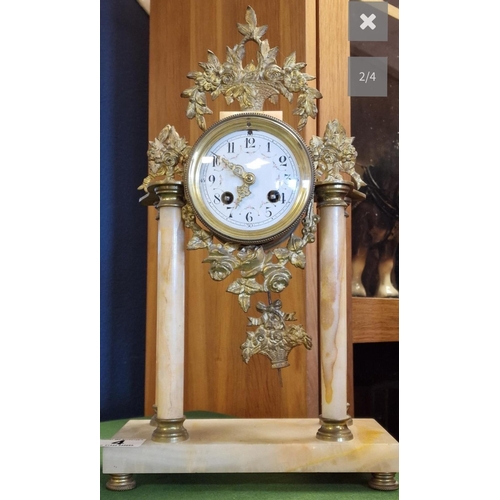 24 - Antique French Garniture Clock w/Marble Pillar & Brass Floral Decoration - possibly a Servant or Den... 