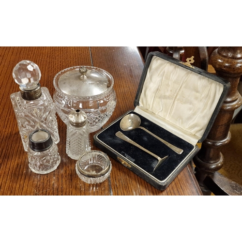 91d - Silver Hallmarked Christening Set + Silver Topped Jars Set