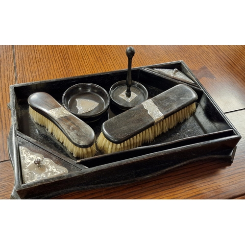 91e - Ebony & Hallmarked Silver Dressing Table Set