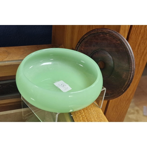 38a - Uranium Glass Bowl & Chinese Wooden Stand