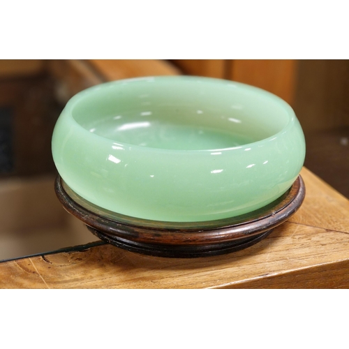 38a - Uranium Glass Bowl & Chinese Wooden Stand