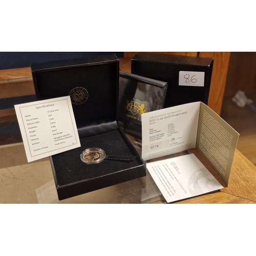 86 - 22ct Gold Proof Quarter Ounce Krugerrand Coin, South African Mint and w/original case and certificat... 