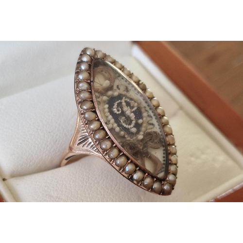 137 - 15ct Gold (625 mark) & Pearl Antique Marquise Shape Mourning Ring, size M+0.5 & 5.35g