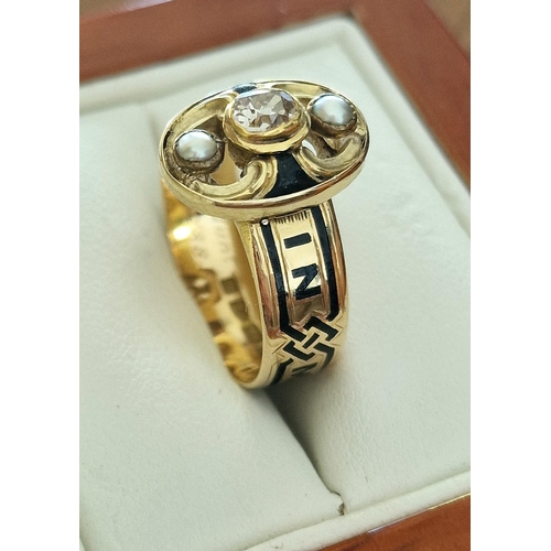 138 - 18ct Gold, Diamond & Pearl Antique 1888 Mourning Ring, size Q+0.5 & 6.45g w/Chester Hallmark