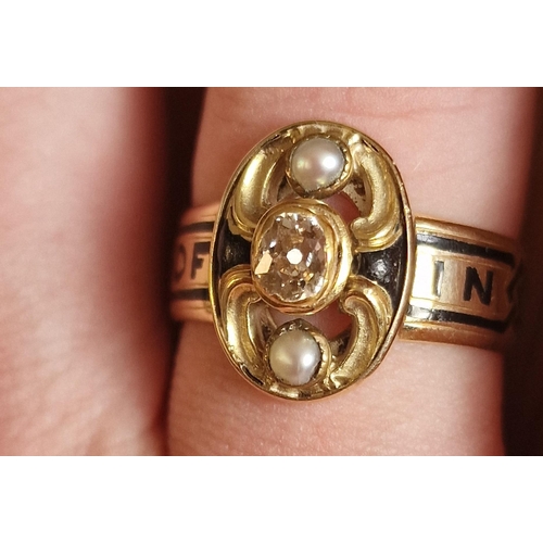 138 - 18ct Gold, Diamond & Pearl Antique 1888 Mourning Ring, size Q+0.5 & 6.45g w/Chester Hallmark