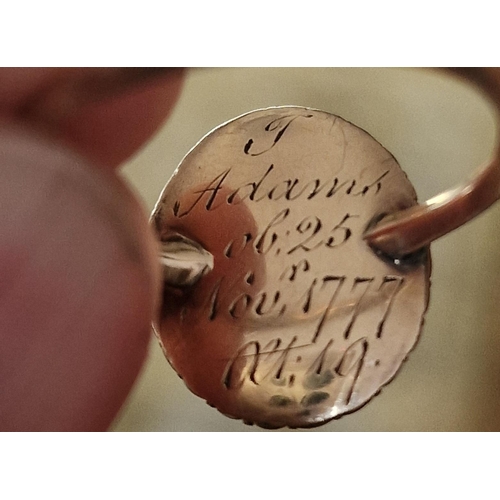 140 - 18th Century Antique Mourning Ring, marked 1777 - likely a minimum of 15ct, size M & 2.75g