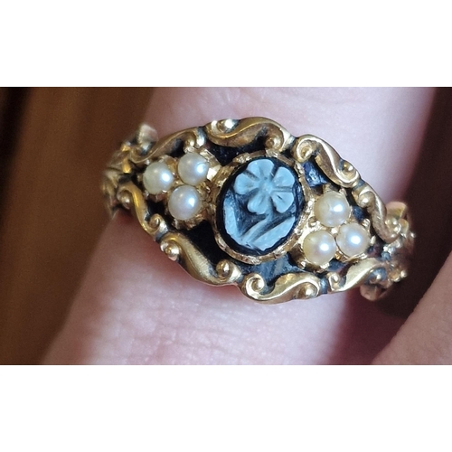 143 - Antique 1876 18ct Gold & Pearl Mourning Ring, size M+0.5 & 5.5g