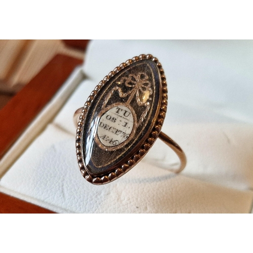 146 - 1767 Antique Gold Mourning Ring w/enamel detail to a Marquise Cut Centre - likely 15ct & size S+0.5,... 