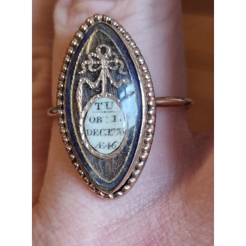 146 - 1767 Antique Gold Mourning Ring w/enamel detail to a Marquise Cut Centre - likely 15ct & size S+0.5,... 