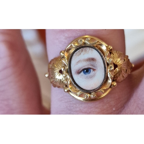 155 - Antique Georgian 'My Lovers Eye' Gold & Enamel Mourning Ring, likely 18ct, size Q & 5.1g