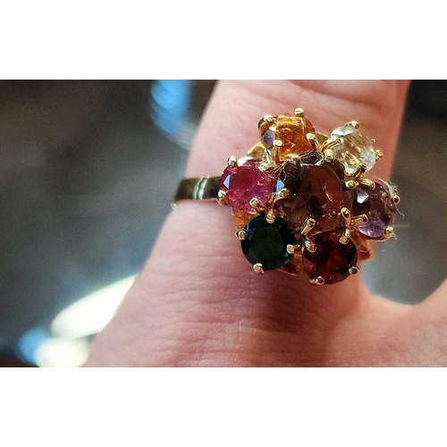 167 - 18ct Gold & Multi-Stone, Tourmaline, Amethyst etc Cluster Ring - size O+0.5 & 3.65g