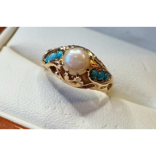 170 - Antique Gold Suffragette Style Ring w/Turquoise and Pearl Detail - unmarked, but likely 15ct minimum... 