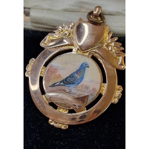 181 - 9ct Gold Enamel Racing Pigeon Fob Pendant - 15.5g