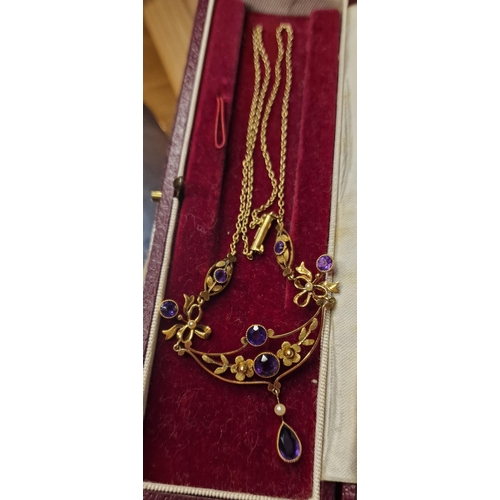 185 - 9ct Gold & Amethyst Antique Edwardian Dress Necklace - 7.7g