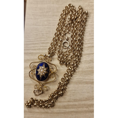 186 - 9ct Gold Antique Lapis & Pearl Pendant & Chain - 17.6g