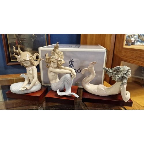 19e - Lladro Trio of Mermaid Figures - partially boxed, but all with plinth/stands etc