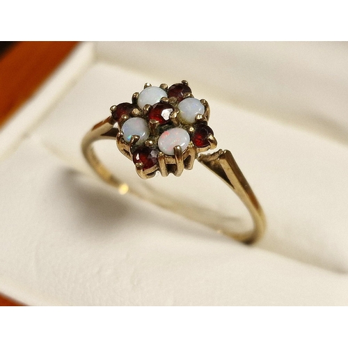 217 - 9ct Gold, Opal & Garnet Cluster Ring, size s+0.5